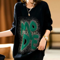 Tops Sequin Pullovers Sweatshirts for Women Rhinestone Long Text Female Clothes Letter Printing Loose Baggy Glitter E New In Xxl