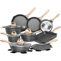 Induction Granite Coated Cookware Set with Griddle, Wok, Frying Pan, Crepe Pan, Cooking Pan, PFOA Free, (Gray, Set of 20)