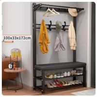 落地衣架鞋櫃鞋凳一體組合【100CM衣帽架+鞋凳【黑架-黑皮】（尺寸：100*33*172CM）