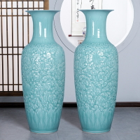 景德鎮陶瓷器手工浮雕青瓷大花瓶落地擺件大號青釉客廳辦公室裝飾