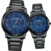 【CITIZEN 星辰】Eco-Drive 藍色星空光動能時尚對錶 男錶 女錶 禮物手錶 畢業 禮物(AW1217-83L+FE6017-85L)