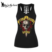 [You're My Secret] Women Tank Tops Summer Punk Gothic Rose Skull Print Sexy Hollow Tops Hollow Out Vest Female Fitness Top
