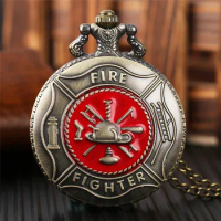 Classical Bronze Fire Fighter Pocket Watch Necklace Mens Cool Pendant Chain Quartz Clock Hour Military Army Xmas Gifts Souvenir