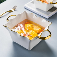 餐具 高檔鍍金陶瓷雙耳碗泡面碗大容量湯碗沙拉碗水果碗-快速出貨