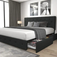 Upholstered King Size Platform Bed Frame with 4 Storage Drawers Foundation with Wooden Slats Support Dark Grey