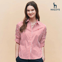 【HAZZYS】女款紅色時尚舒適條紋長袖襯衫-L