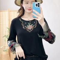 2024 chinese improved t-shirt woman national flower embroidery vintage hanfu tops ethnic streetwear loose o-neck base shirt