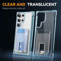 Clear Cover with Card Slot Holder for Samsung Galaxy S23 S22 S21 Plus + Note 20 Ultra Kicstand Transparent Protective Phone Case