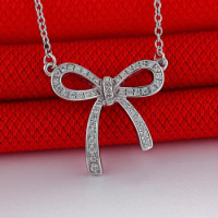 Solid 14K White Gold AU585 Bowknot micro-set collarbone chain necklace 18k gold moissanite diamond necklace delicate