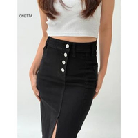 Onetta - MELISSA - Rok Jeans Stretch High Waist Wanita Span Pendek Selutut 4 Kancing Belah Samping L