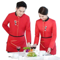 Autumn Winter Hotel Costume Unisex Food Waiter Uniforms Long Sleeve Chinese style Restaurant Service Work Wear