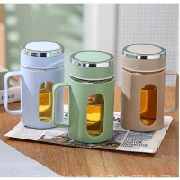 ￼Botol Gelas Kaca Gagang / Gelas Shell 500ML / Cangkir Minum Motif Kotak Mug Cangkir premium / botol