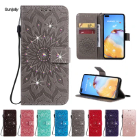 Sunjolly Rhinestone Phone Case for Samsung Galaxy A20E A202 A60 M40 M30 A40S Sun Flower Flip Wallet PU Leather Cases Cover coque