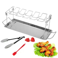 Chicken Drumstick Rack 12 Slots Folding Stainless Steel Roaster Stand Chicken Grill Rack BBQ Accessories With Drip Pan For