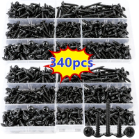 340-piece self-tapping screw set - M3/M4/M3.5/M4.8 sizes, flat head cross-cut, black carbon steel, s