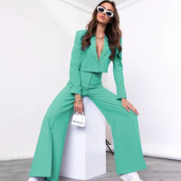 Tesco Solid Women Suit 2 Piece Short Blazer High Waist Wide Leg Long Pants Single Buttons Jacket Vibrant Suit conjunto feminino