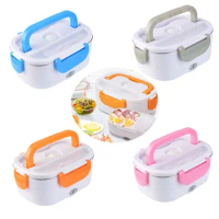 Pink/Blue/Silver gray/Orange Portable Car Electric Heating Lunch Box Stainless Steel Lunch Box 2 in 1 Home Auto Dinnerware Set