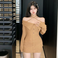 Women's Sexy Bodycon Dress Spring Autumn Retro Solid Colour Turndown Collar Off Shoulder Slim Knitted Long Sleeves Dress