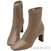 【Grace Gift】俐落方頭中高跟襪靴 卡其
