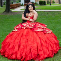 Red Mexican Princesa Quinceanera Dress 2024 Ball Gown Embroidery Applique Ruffles Tiered Sweet 16 Dress Lace-up 15 Vestido De