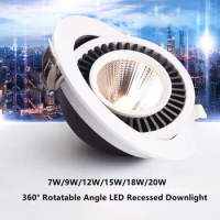 360° Rotatable Angle LED Recessed Downlight 7W 9W 12W 18W Dimmable COB LED Ceiling Spot Light 3000K/4000K/6000K 85-265V/DC12V