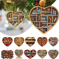 Book Lovers Heart Shaped Bookshelf Christmas Pendant Acrylic Drop Ornament Door Window Christmas Tree Car Hanging Decoration