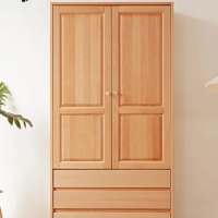 Wardrobe Household Bedroom Beech Double Door Closet With Horizontal Open Door With Three Drawers