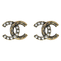 【CHANEL 香奈兒】經典水鑽雙C LOGO復古花飾貼耳針式耳環(古銅金)
