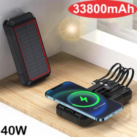 33800mAh Solar Power Bank Fast Qi Wireless Charger for iPhone 15 Samsung Huawei Xiaomi 40W Fast Charging Powerbank Camping Light