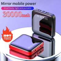 30000mAh Power Bank Mirror Digital Display Screen Built-In Cord Mobile Power Supply Compact Portable External Battery Powerbank