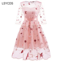 LSYCDS Elegant Mesh Dress Women Pink Pleated 3/4 Sleeve O-Neck Floral Embroidery Dress Casual Party Backless Vintage Dress