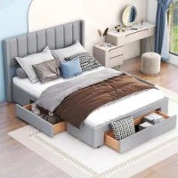 Upholstered Platform Bed Frame with Storage Drawers Sturdy Pine Wood Construction Comfortable Linen Headboard Grey Queen Size No