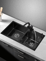 納米廚房水槽雙槽手工加厚304不銹鋼黑色家用洗菜盆 洗碗盆大單槽