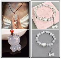 Gelang Kalung Manik Liontin Anak Kristal Kucing Kartun Vintage Elegant Putih Transparan Set Gelang +