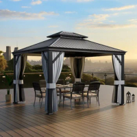 Hardtop Gazebo, Double Roof Canopy with Netting and Curtains,2-Tier Hardtop Gazebo with Galvanized Iron Aluminum Frame