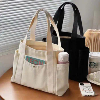 Women Canvas Shoulder Bags College Girl Books Handbag Cotton Cloth Fabric Commuting Zipper Purse Big Tote Ladies Shopping Bag
