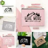 Hike More Worry Less Makeup Bag Hiking Adventure Cosmetic Cases Wanderlust Camping Nature Lover Graphic Travel Lipstick Bag