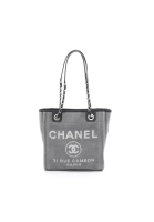 Chanel 二奢 Pre-loved Chanel Deauville PM chain shoulder bag chain tote bag canvas leather gray black silver hardware