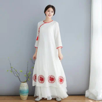 Elegant Chinese Dresses Cheongsam Qipao Folk Meditation Female Retro Oriental Dress Vietnam Dress White 2019 Summer Dress TA1544