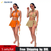 3 Pcs Bikini Set for Women 2023 Wholesale Sexy Lady Club Outfit Lapel Neck Halter Top Pleated Skirt Briefs Female Swim Suit 7861