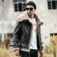 Natural Sheepskin Leather Fur In One Mens Shearling Coat Genuine Leather Short Motorcycle Jacket Double-Layer Collar Flight Suit