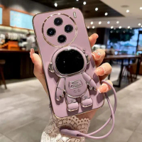 Astronaut Case For VIVO X100 X 100 Pro Cover Luxury Plated Soft Silicone Phone Case For VIVO X100 Funda Cute Lanyard Bumper