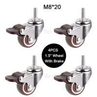 4PCS 1.5Inches Universal Swivel Wheels Castors M8*20 Soft Rubber Super Mute Platform Trolley Chair Furniture Casters with Brake