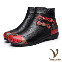 【Vecchio】真皮短靴 坡跟短靴/真皮復古民族風印花拼接坡跟短靴(黑)