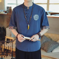 เสื้อวันเล่นสงกรานต์  เสื้อผ้าสงกรานต์คนอ้วนเสื้อผ้าผู้ชาย สไตล์จีน Xiu Xiu Ban เสื้อยืดไทย เสื้อผ้า