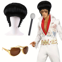 ชุดเครื่องประดับเครื่องแต่งกาย Elvis Rocker, 3 ชิ้น, สไตล์ยุค 50 นักร้องร็อคโนลต์, วิกผมโพลีเอสเตอร์