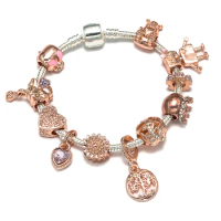 Seialoy Rose Gold Color Tree of Life Charm Bracelets For Women Original Bella Flower Angel Heart Beaded Bracelet Bangle