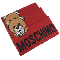 MOSCHINO電繡大臉熊熊羊毛長圍巾(紅 )