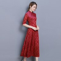 夏裝新款中國風女裝改良奧黛旗袍裙中長款修身蕾絲連衣裙顯瘦1入