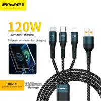 Awei CL-972 3 In 1Fast Charging Cable 120W Multi Usb Port Charging Cord USB Type C Micro Data Cable for iPhone Xiaomi Huawei